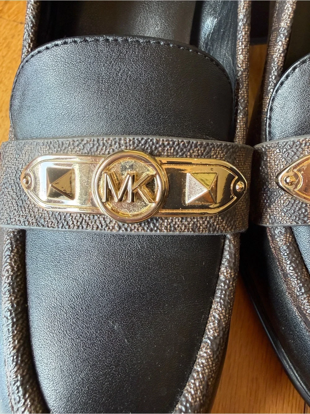 Michael Kors Brown and Black Logo Plaque Loafers